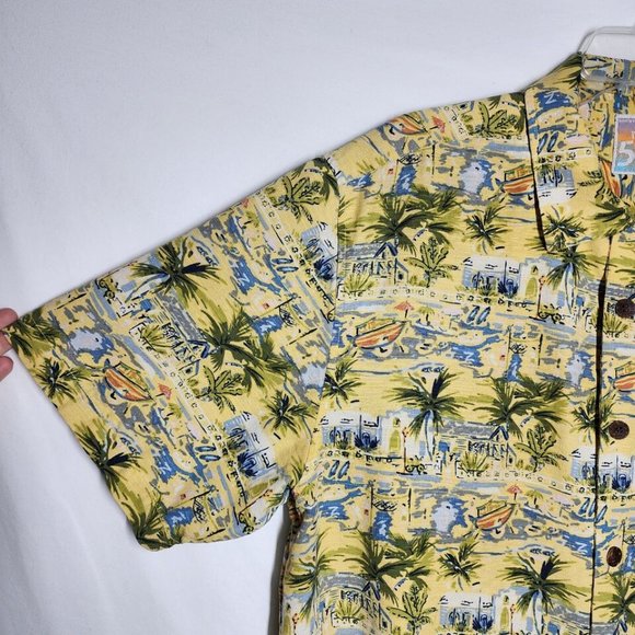 It's 5 O'Clock Somewhere Mens Silk Hawaiian Button Shirt Large Yellow Tropical - Picture 7 of 12